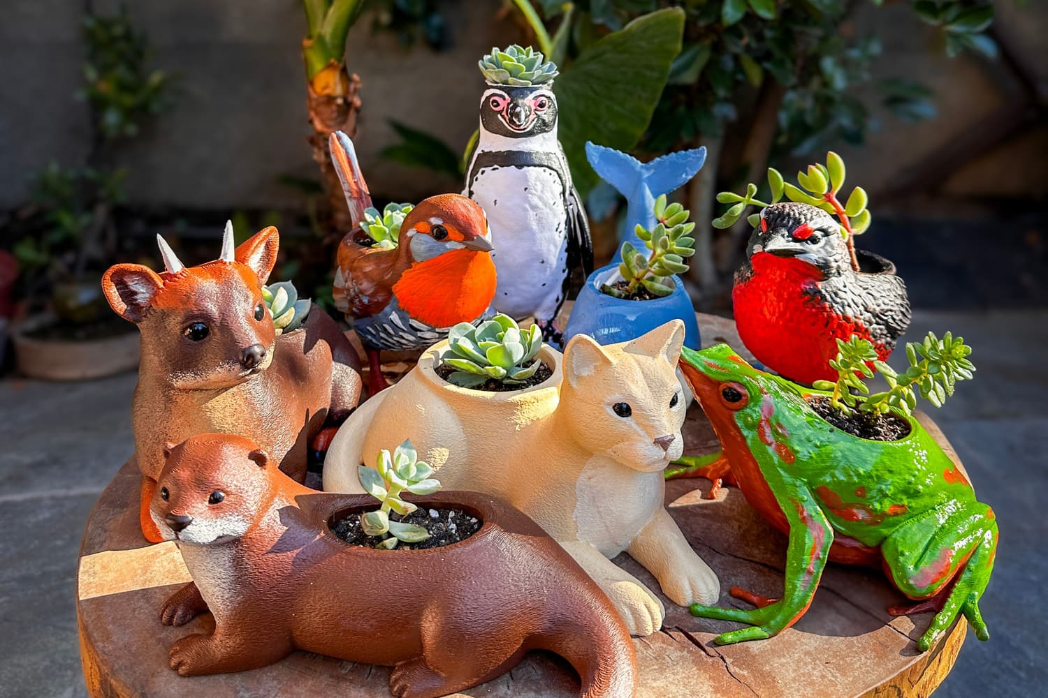 Varios maceteros de fauna chilena juntos sobre una mesa de madera