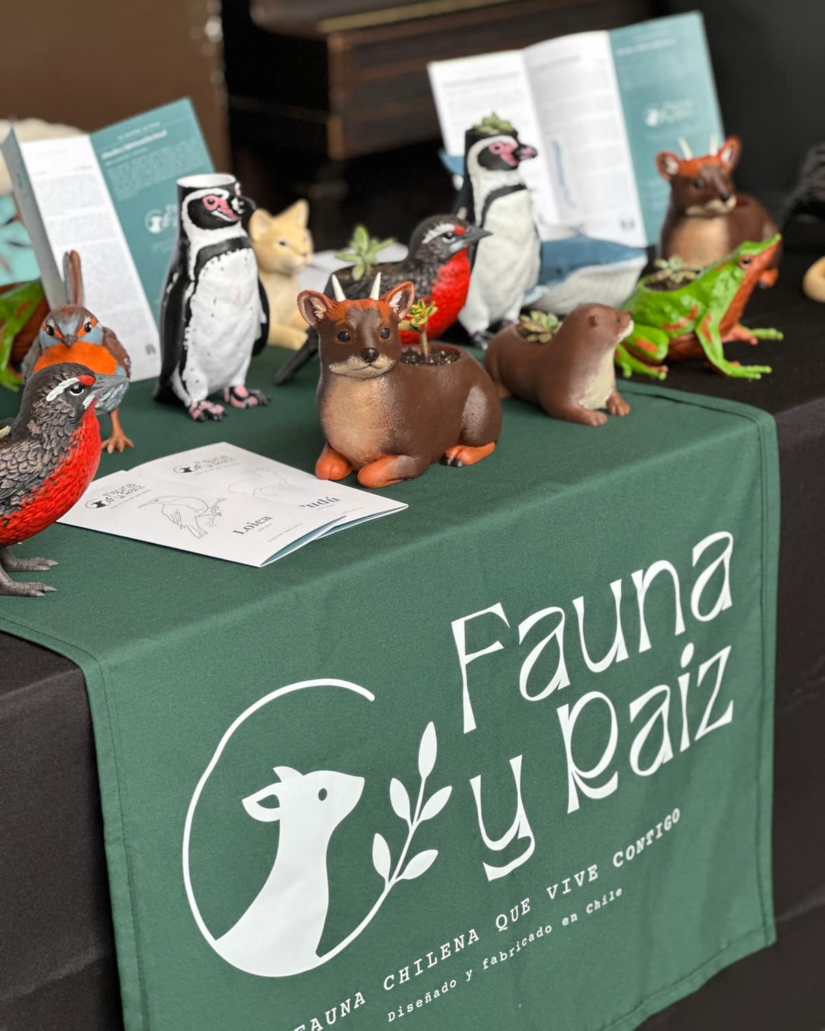 Stand de Fauna y Raíz con maceteros y folletos